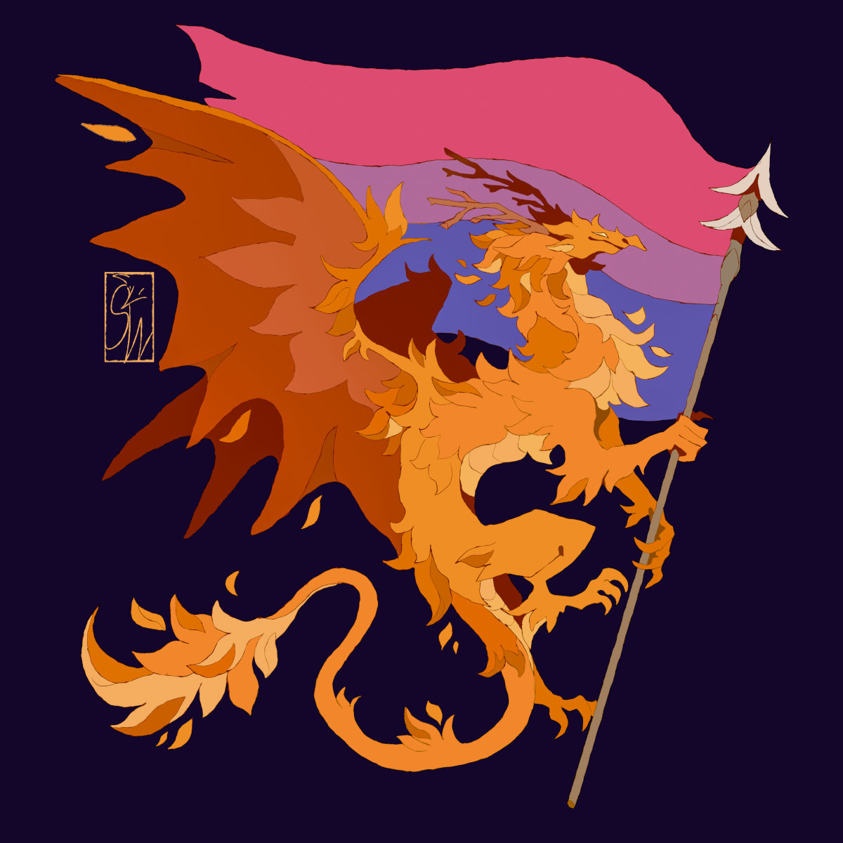 A fall-themed dragon holding the bi pride flag.