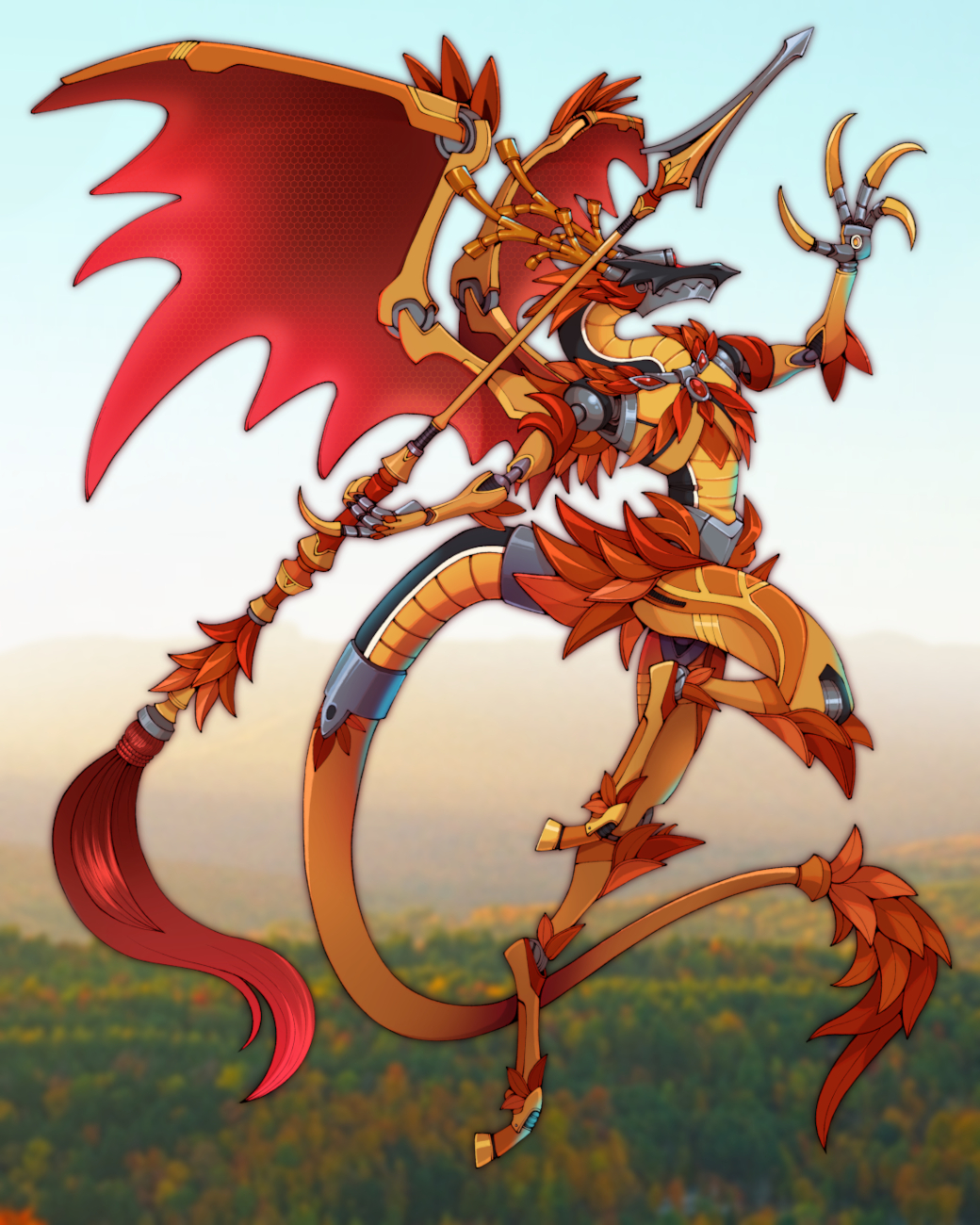 A fall-themed mechanical dragon holding a spear. They're preparing to throw the spear.